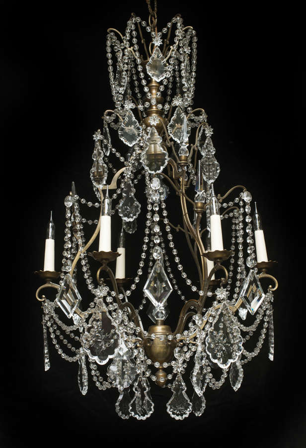 6 light French Antique Chandelier with flower patterned crystals