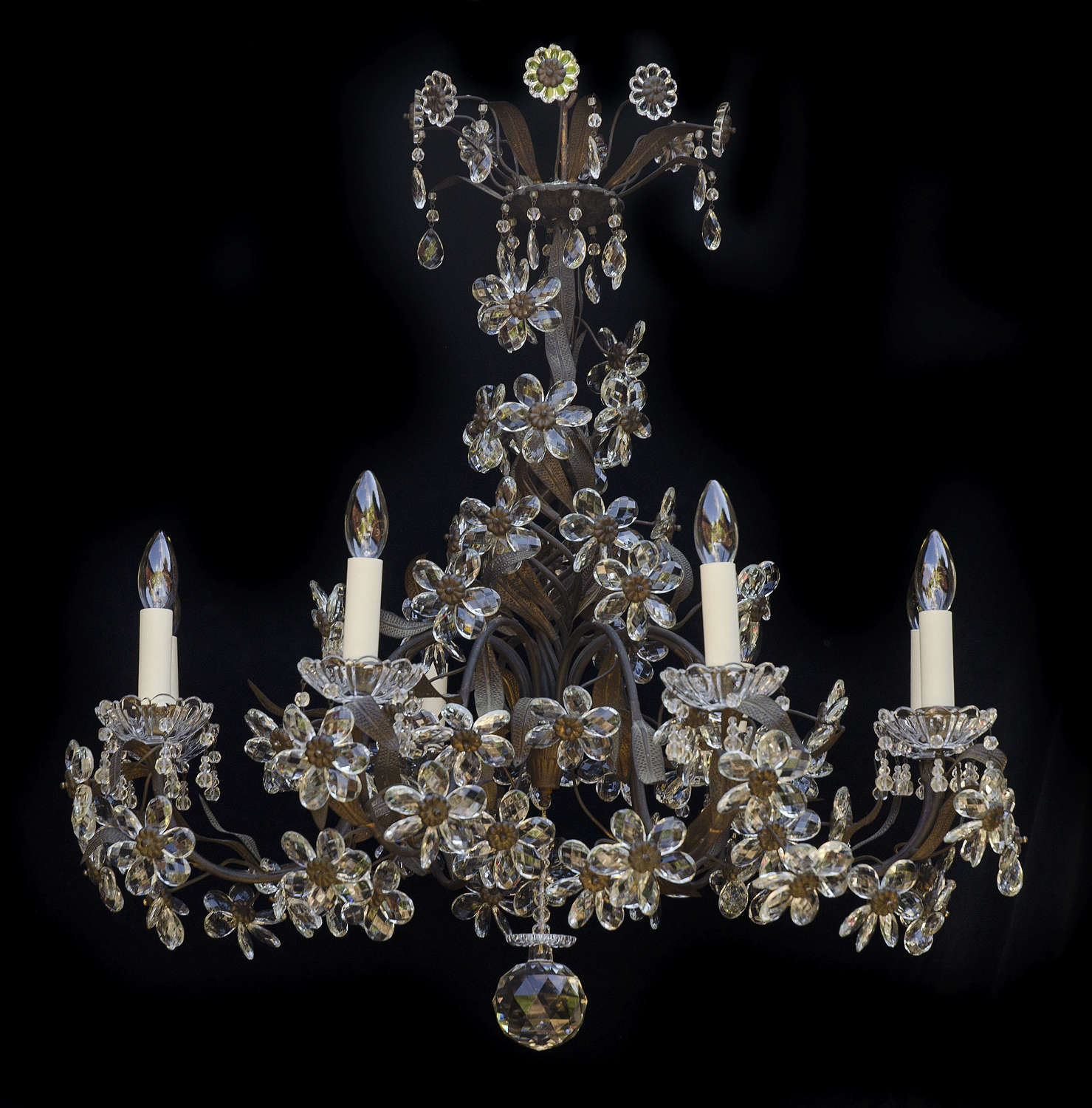 Large 8 light Italian Antique Chandelier with crystal flowers
