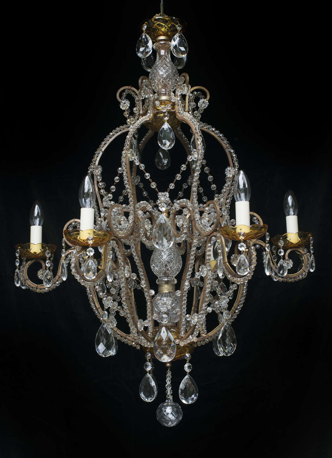 Large 6 light Italian Antique Chandelier with amber bobeche
