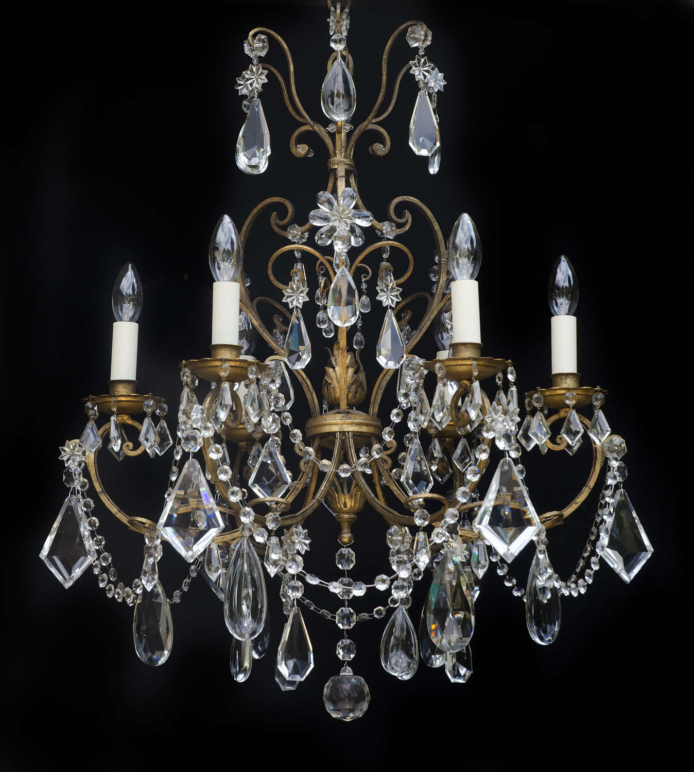 6 light Italian Florentine Antique Chandelier, with Crystal Flowers