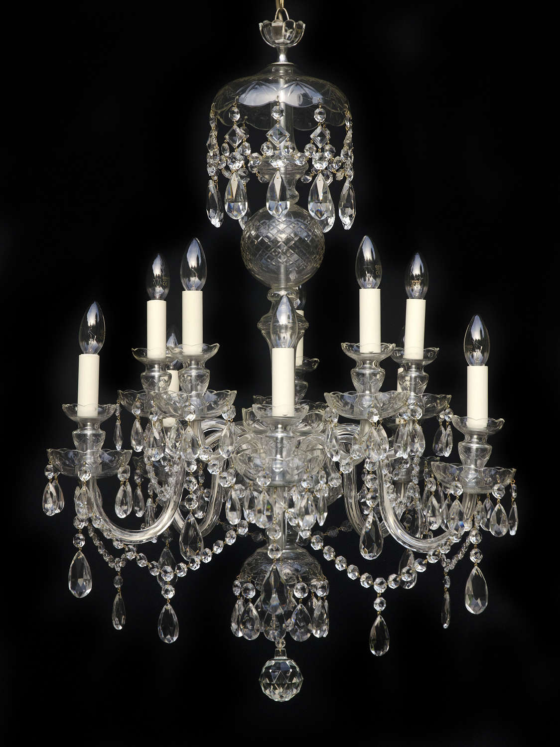 Large 2 Tiered, 10 Light, Italian Glass Arm Antique Chandelier