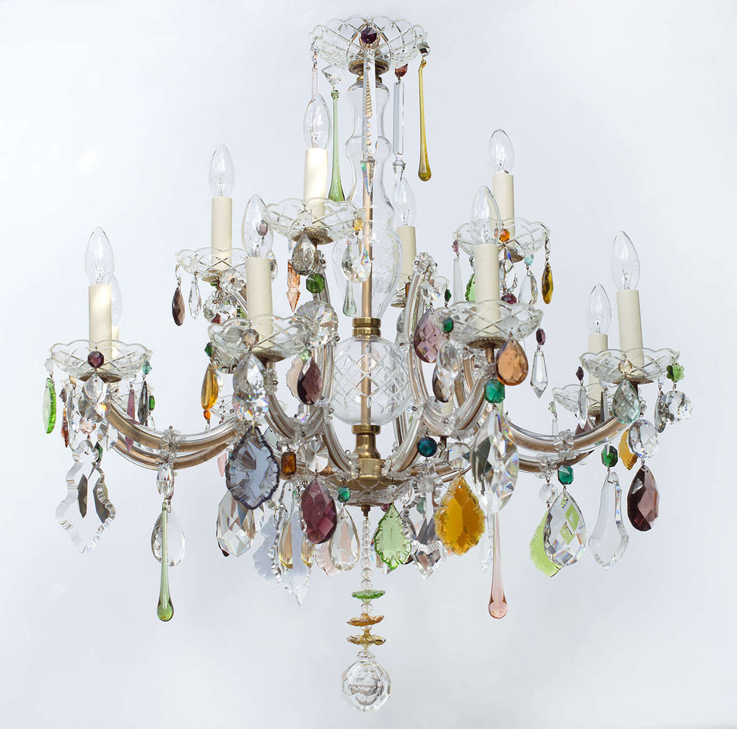 Large 12 light Vintage Marie Therese Chandelier with coloured drops