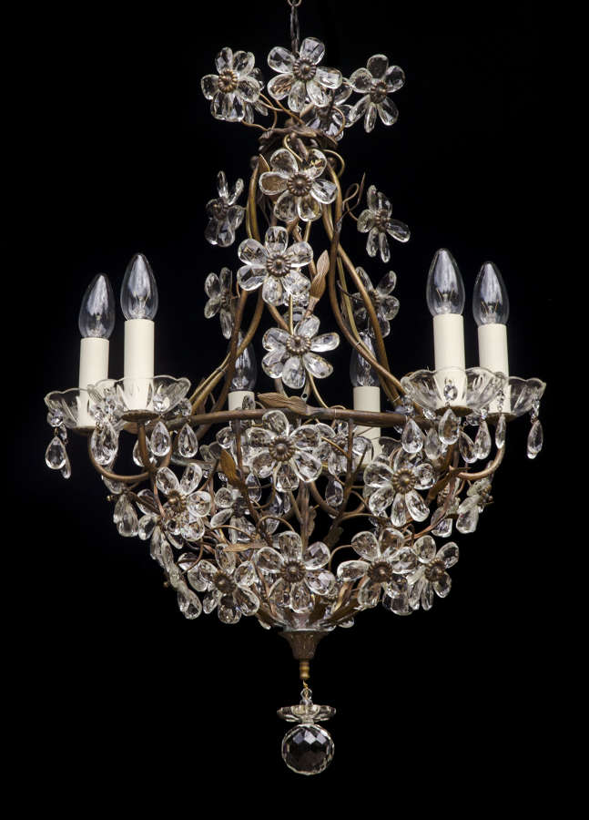6 light Italian Florentine Antique Chandelier with crystal flowers