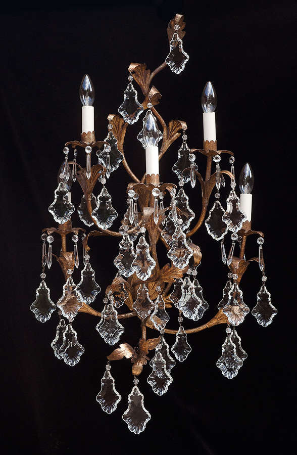 Large Pair of 5 light Italian Antique Wall Lights with crystal leaves