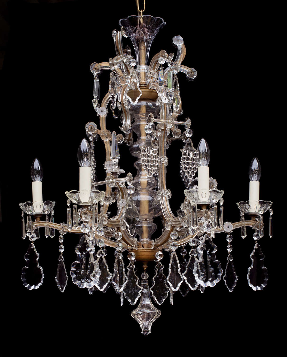 6 light Italian antique chandelier with grapes and crystal leaf drops