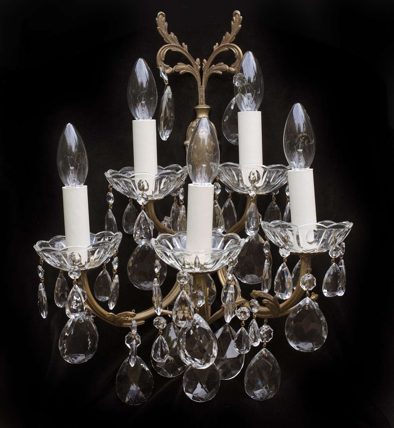 Large pair of 2 tiered antique Italian wall lights with crystal drops