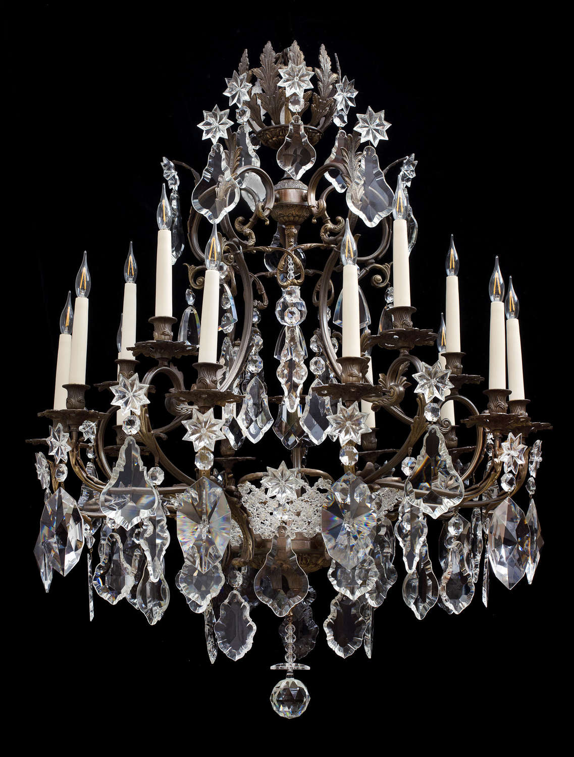 Large 2 tiered 15 light bronze antique Italian chandelier