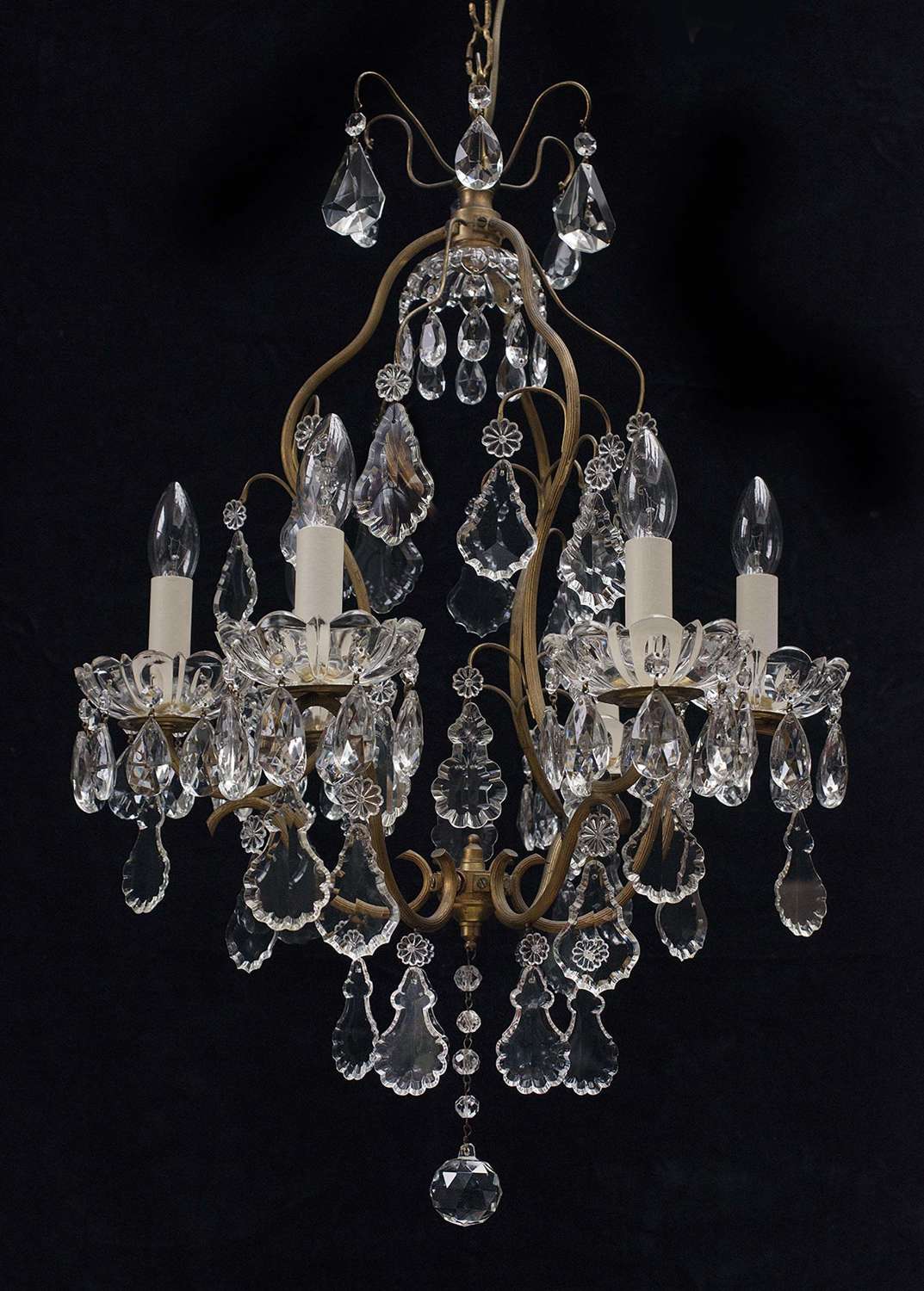 6 light antique French birdcage chandelier with crystal leaves