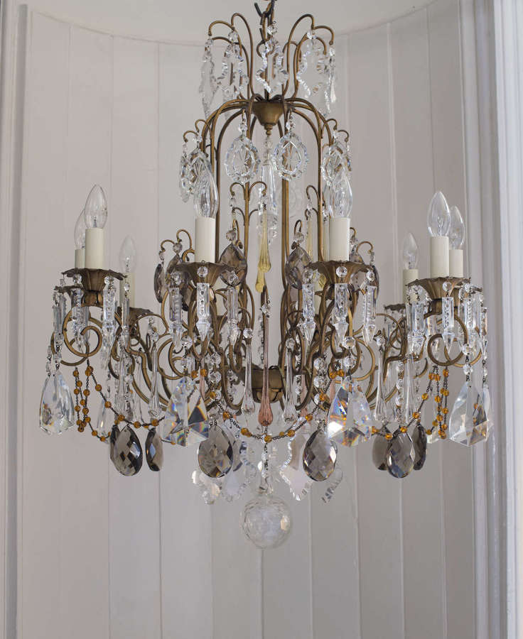 Large 10 light Italian chandelier with coloured and crystal drops