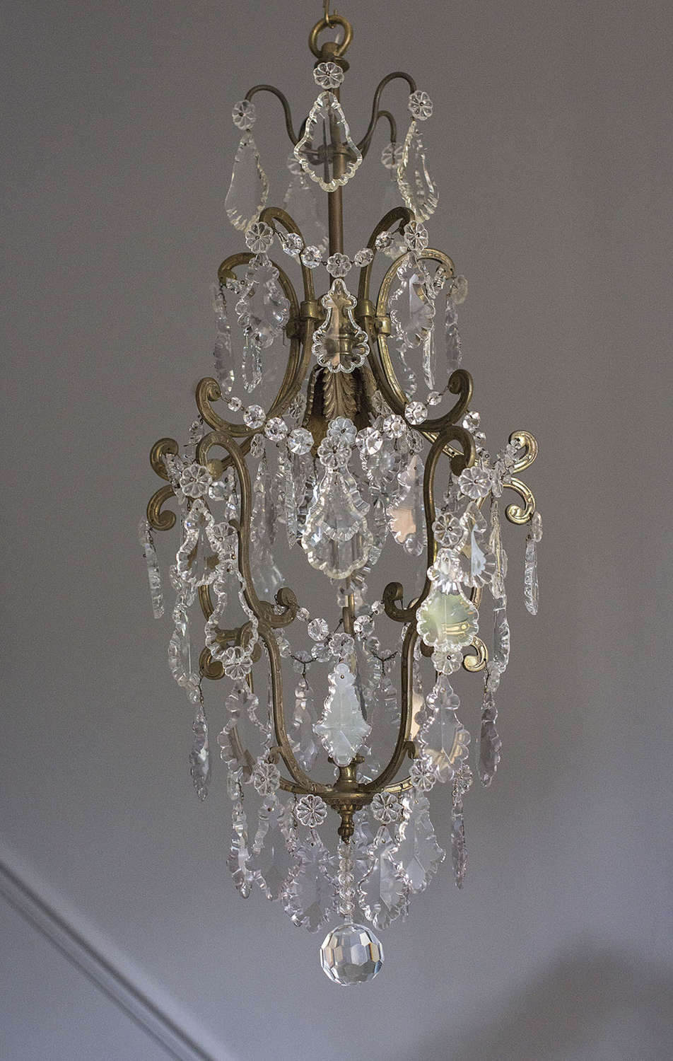 Antique brass Italian chandelier lantern with crystal leaf drops