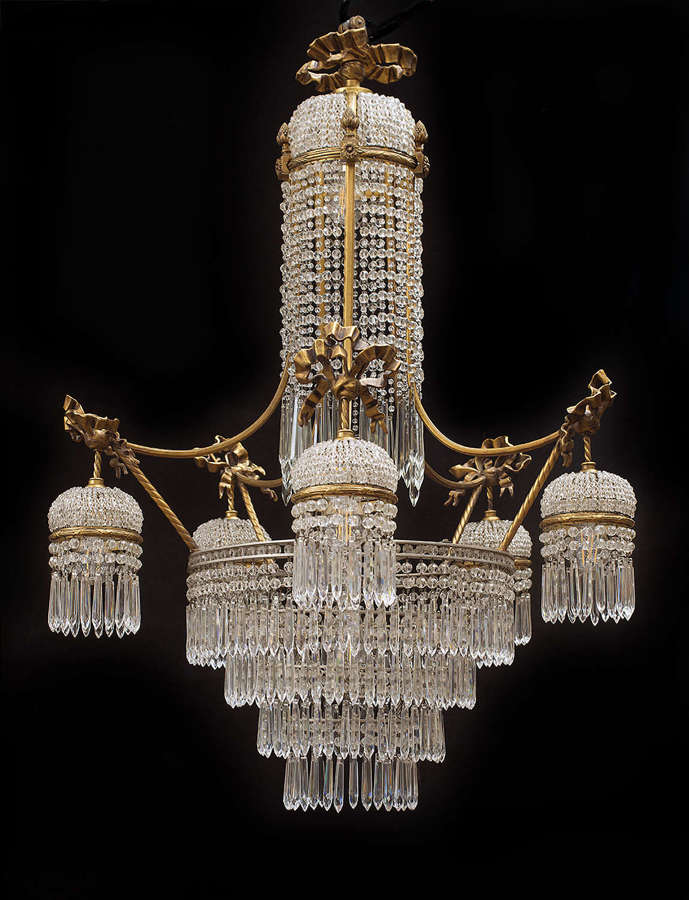 Large 7 light 1920's Italian chandelier with icicle tasseled shades