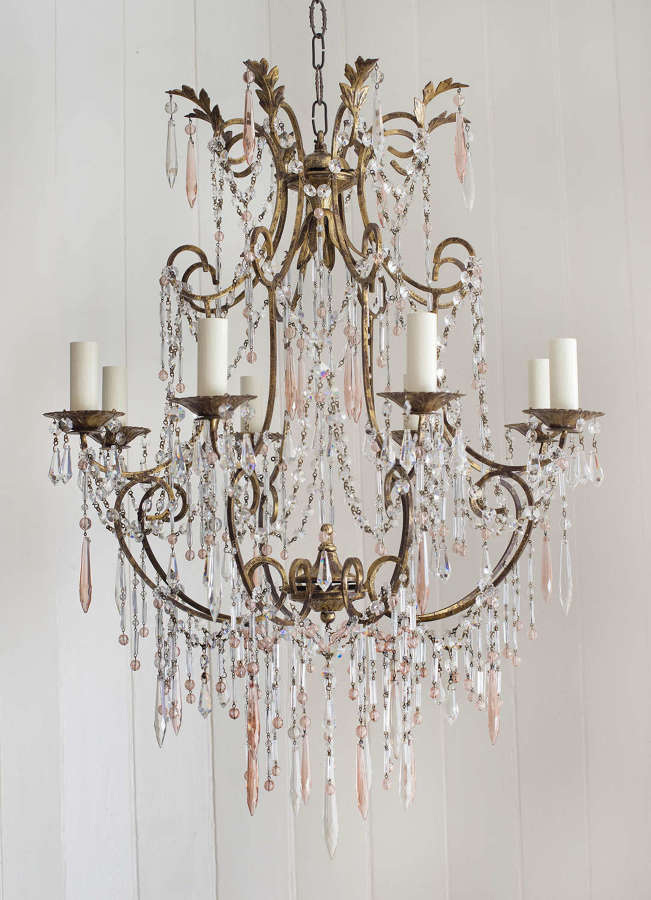8 light gilt Italian birdcage chandelier with pink icicle drops