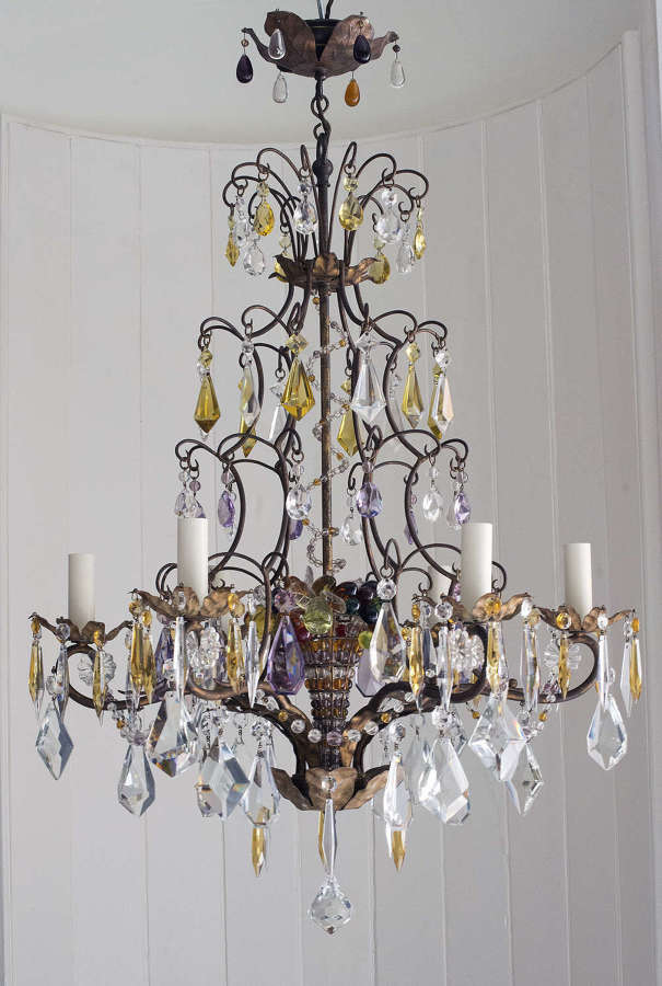 6 light 1920's gilt Italian chandelier with central fruit basket